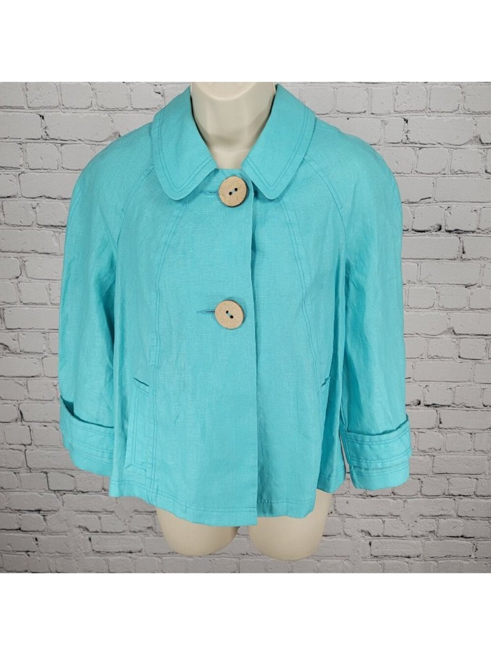 Tribal Blue 100% Linen Lightweight Unlined 3/4 Sleeve Buttoned Jacket Size 4